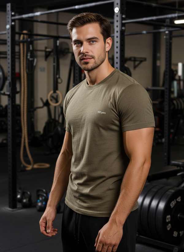 HiFlyers Men Slim Fit Self-Design Premium Melange Rn Tshirts Olive