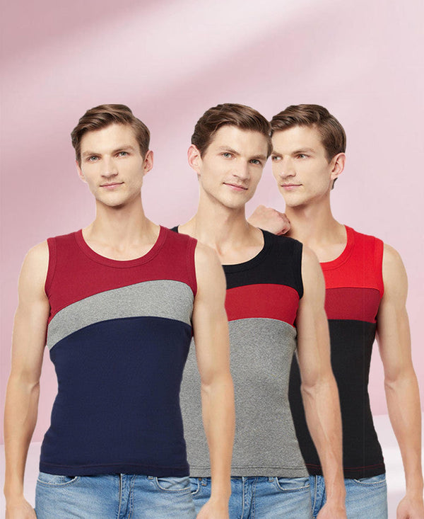T.T. Men Designer Gym VestPack Of 3 Black-Red-Red-Black-Maroon-Navy