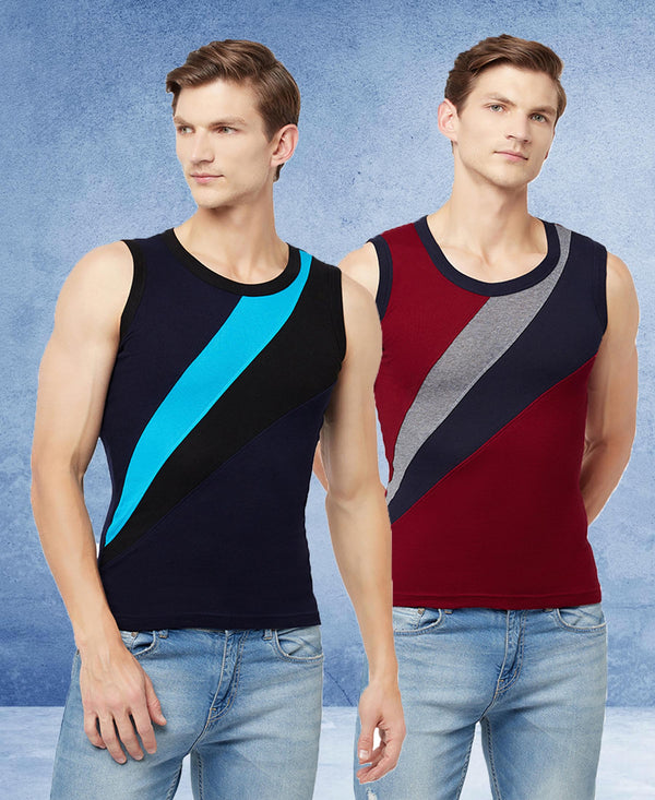 T.T. Men Designer Gym VestPack Of 2 Navy-Sky-Maroon-Navy