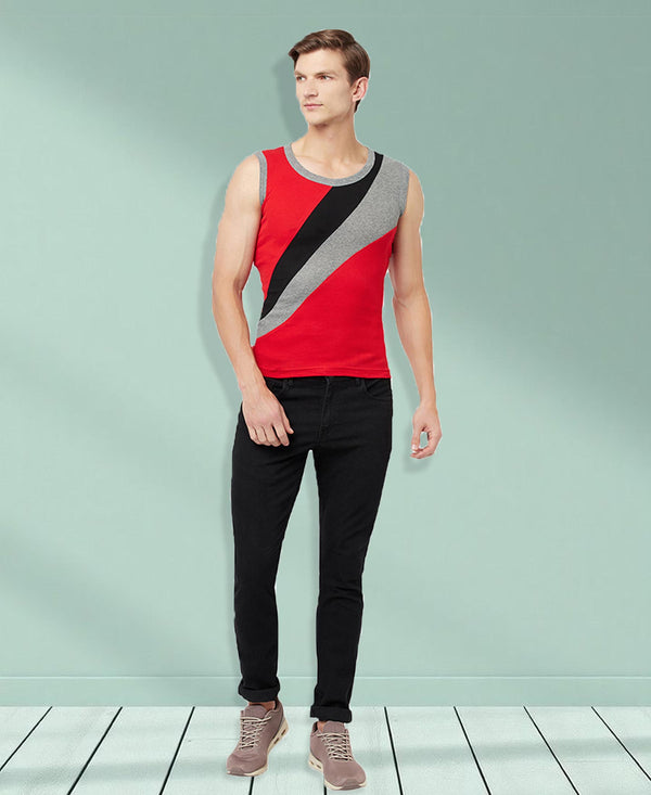 T.T. Men Designer Gym VestPack Of 2 Red-Blk-Navy-Sky