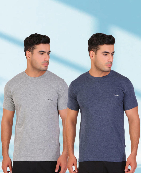 HiFlyers Men Slim Fit Pack Of 2 Premium Rn T-Shirt Blue -Grey