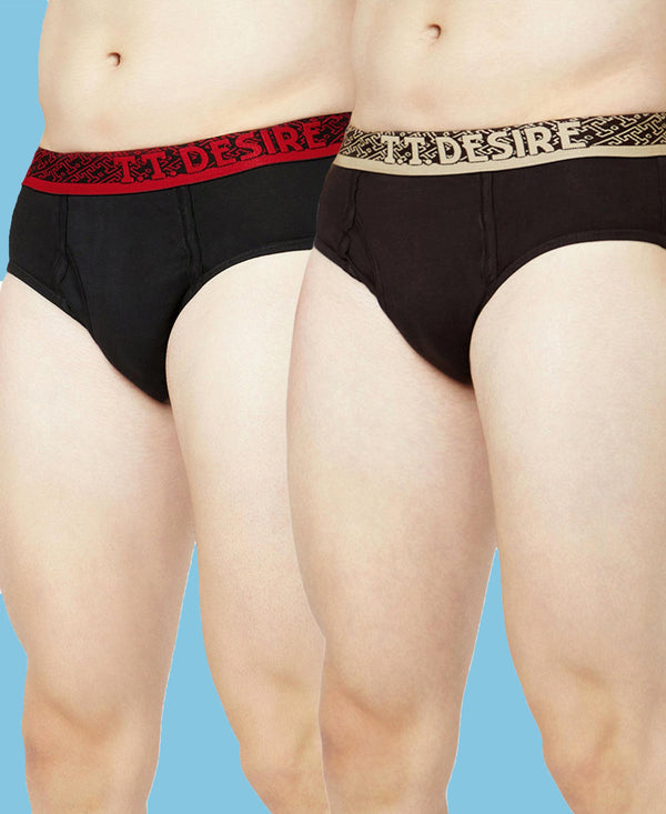 T.T. Mens Desire 100% Combed Cotton Front Open Brief Top Elastic Pack Of 2 Black-Dark Brown