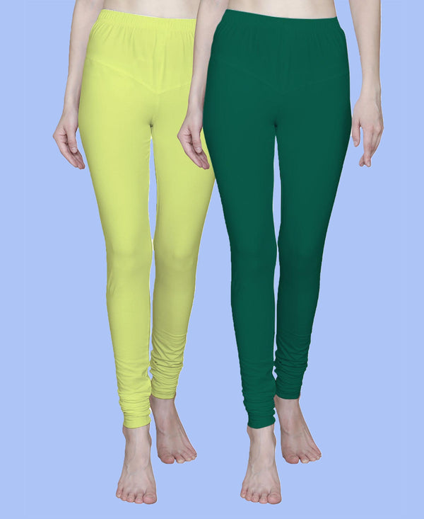 T.T. Women Solid Chudidar Cotton Lycra Cool Leggings -Light Lemon - Rama Green( Free Size)
