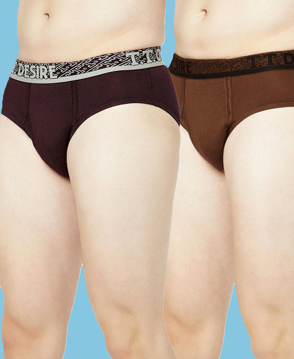 T.T. Mens Desire 100% Combed Cotton Front Open Brief Top Elastic Pack Of 2 Brown-Mustard