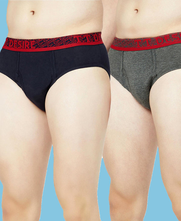 T.T. Mens Desire 100% Combed Cotton Front Open Brief Top Elastic Pack Of 2 Navy-Anthra