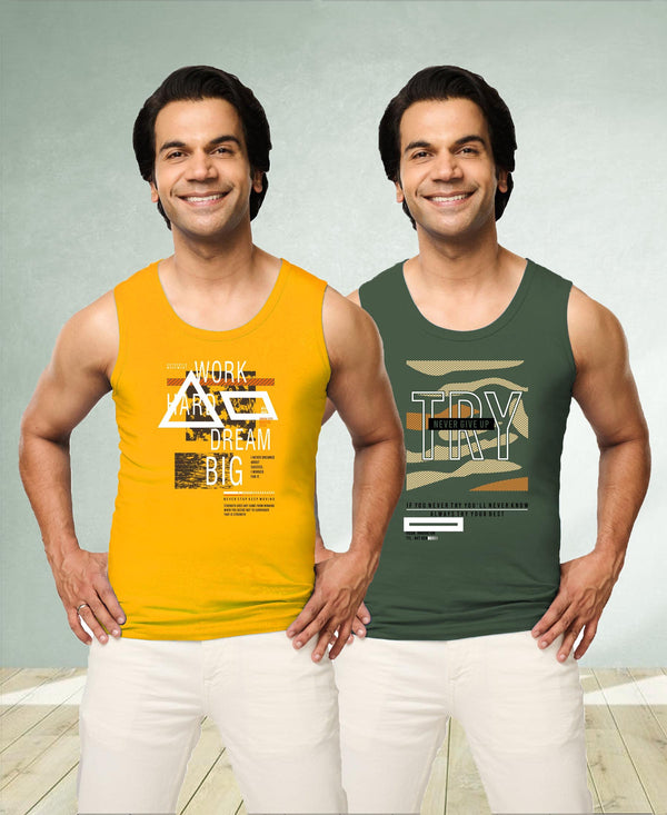 T.T. Men|Cool Tees|100% Cotton|Printed| Regular Fit |Round Neck Muscle Tshirts|Pack Of 2|Orange::Olive