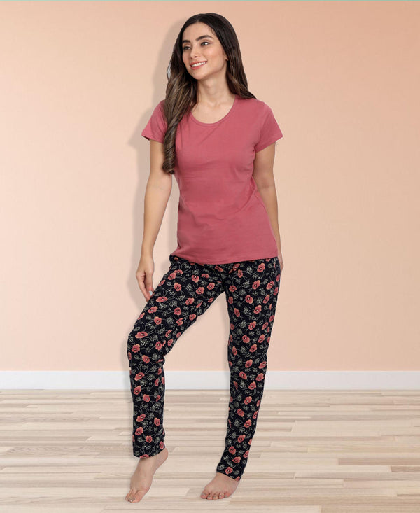 HiFlyers Women Comfort Fit Rose Pink Floral Printed Cotton Pyjama