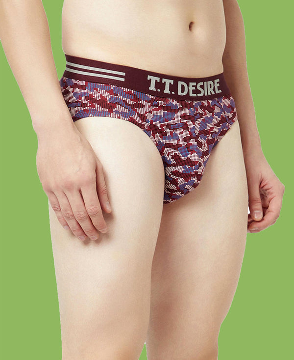 T.T. Mens Desire 100% Combed Cotton Printed Brief Top Elastic Pack Of 3 Black-Majenta-Red