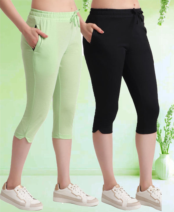 T.T. Women Regular Fit Poly Jersey Solid Capri Pack Of 2-Black-Green