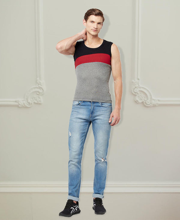 T.T. Men Designer Gym VestPack Of 2 Black-Red-Grey-Red