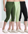 T.T. Women Regular Fit Poly Jersey Solid Capri Pack Of 3-Black-Green-Olive