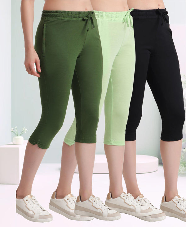 T.T. Women Regular Fit Poly Jersey Solid Capri Pack Of 3-Black-Green-Olive