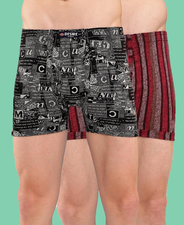 T.T. Men Desire Super Combed Cotton Printed Snug Fit Long Trunks For Men Pack Of 2 Grey-Maroon