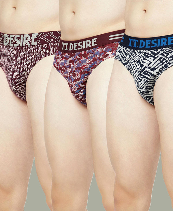 T.T. Mens Desire 100% Combed Cotton Printed Brief Top Elastic Pack Of 3 Majenta-Blue-Maroon
