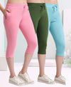 T.T. Women Regular Fit Poly Jersey Solid Capri Pack Of 3-Olive-Pink-Turquoise