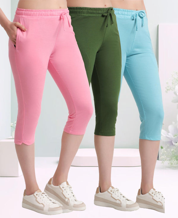 T.T. Women Regular Fit Poly Jersey Solid Capri Pack Of 3-Olive-Pink-Turquoise