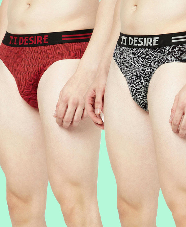 T.T. Mens Desire 100% Combed Cotton Printed Brief Top Elastic Pack Of 2 Black-Red