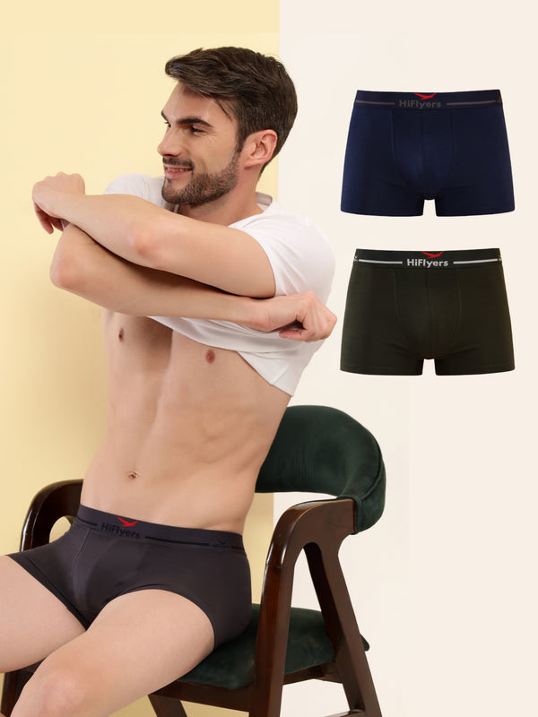 HiFlyers Men'S Cotton Spandex Odour-Free, Long Lasting Comfort, All Day Fresh And Confidence Dark Knight Collection Solid Trunks Pack Of 3 Grey-Navy-Olive