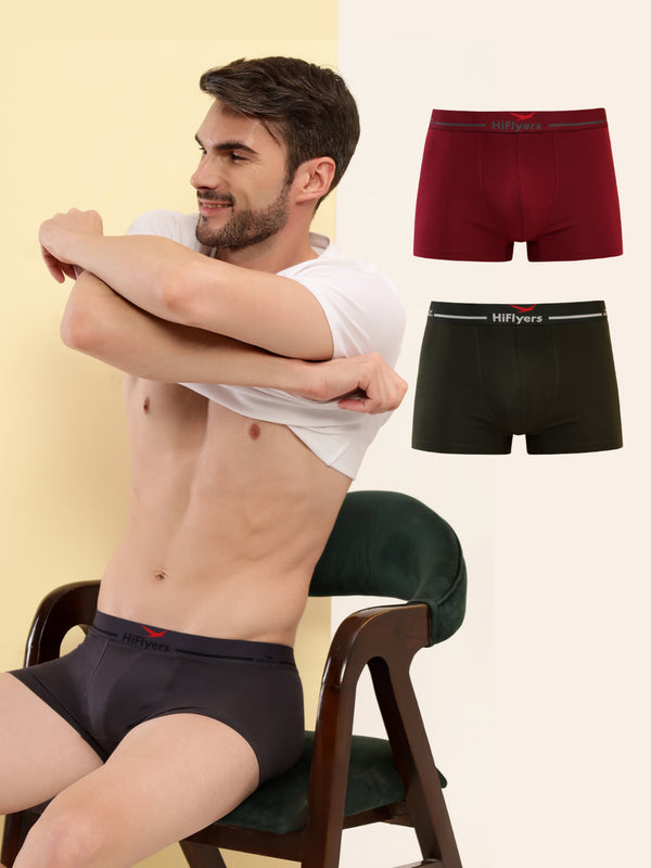 HiFlyers Men'S Cotton Spandex Odour-Free, Long Lasting Comfort, All Day Fresh And Confidence Dark Knight Collection Solid Trunks Pack Of 3 Grey-Maroon-Olive