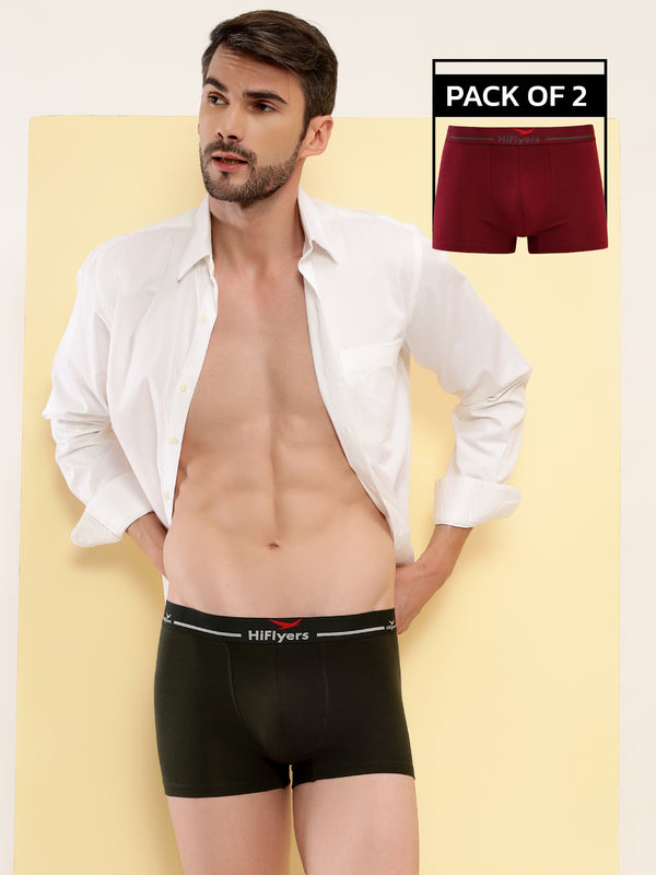 HiFlyers Men'S Cotton Spandex Odour-Free, Long Lasting Comfort, All Day Fresh And Confidence Dark Knight Collection Solid Trunks Pack Of 2 Maroon-Olive