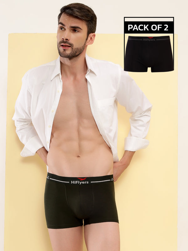 HiFlyers Men'S Cotton Spandex Odour-Free, Long Lasting Comfort, All Day Fresh And Confidence Dark Knight Collection Solid Trunks Pack Of 2 Black-Olive