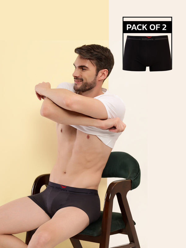 HiFlyers Men'S Cotton Spandex Odour-Free, Long Lasting Comfort, All Day Fresh And Confidence Dark Knight Collection Solid Trunks Pack Of 2 Black-Grey