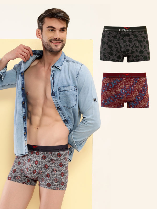 HiFlyers Men'S Odour-Free, Long Lasting Comfort, All Day Fresh And Confidence Cosmic, Kaleidoscope Collection Printed Cotton Spandex Trunk Pack Of 3 Grey-Maroon-Olive