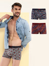 HiFlyers Men'S Odour-Free, Long Lasting Comfort, All Day Fresh And Confidence Cosmic, Kaleidoscope Collection Printed Cotton Spandex Trunk Pack Of 3 Grey-Maroon-Navy