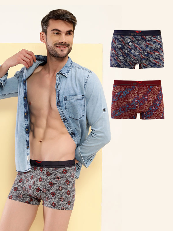 HiFlyers Men'S Odour-Free, Long Lasting Comfort, All Day Fresh And Confidence Cosmic, Kaleidoscope Collection Printed Cotton Spandex Trunk Pack Of 3 Grey-Maroon-Navy