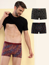 HiFlyers Men'S Odour-Free, Long Lasting Comfort, All Day Fresh And Confidence Cosmic, Kaleidoscope Collection Printed Cotton Spandex Trunk Pack Of 3 Black-Maroon-Olive