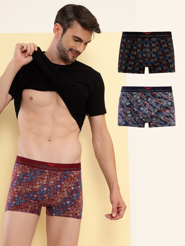 HiFlyers Men'S Odour-Free, Long Lasting Comfort, All Day Fresh And Confidence Cosmic, Kaleidoscope Collection Printed Cotton Spandex Trunk Pack Of 3 Black-Maroon-Navy