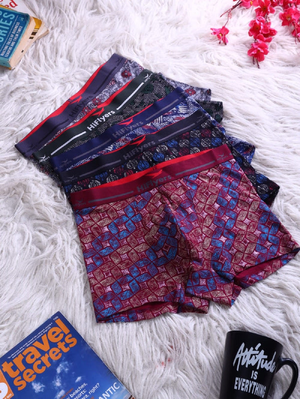 HiFlyers Men'S Odour-Free, Long Lasting Comfort, All Day Fresh And Confidence Cosmic, Kaleidoscope Collection Printed Cotton Spandex Trunk Pack Of 3 Black-Maroon-Navy