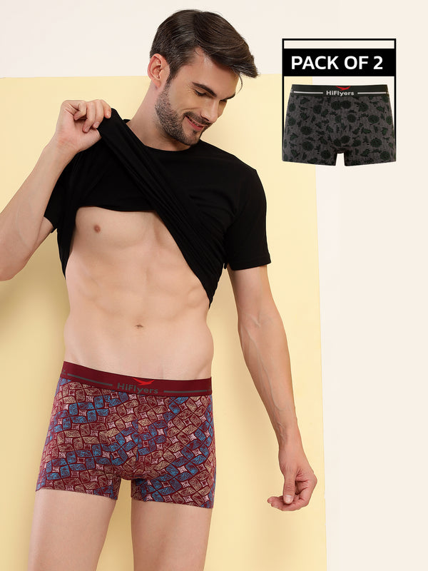 HiFlyers Men'S Odour-Free, Long Lasting Comfort, All Day Fresh And Confidence Cosmic, Kaleidoscope Collection Printed Cotton Spandex Trunk Pack Of 2 Maroon-Olive