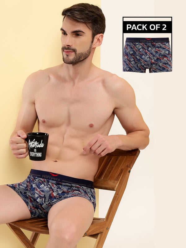 HiFlyers Men'S Odour-Free, Long Lasting Comfort, All Day Fresh And Confidence Cosmic, Kaleidoscope Collection Printed Cotton Spandex Trunk Pack Of 2 Navy
