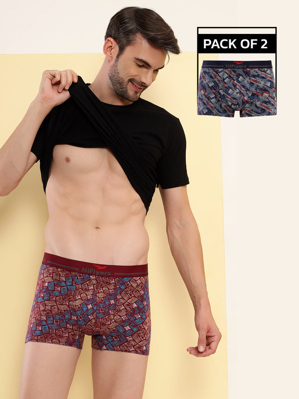 HiFlyers Men'S Odour-Free, Long Lasting Comfort, All Day Fresh And Confidence Cosmic, Kaleidoscope Collection Printed Cotton Spandex Trunk Pack Of 2 Maroon-Navy
