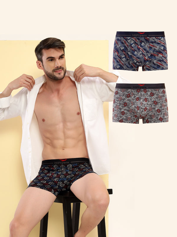 HiFlyers Men'S Odour-Free, Long Lasting Comfort, All Day Fresh And Confidence Cosmic, Kaleidoscope Collection Printed Cotton Spandex Trunk Pack Of 3 Black-Grey-Navy