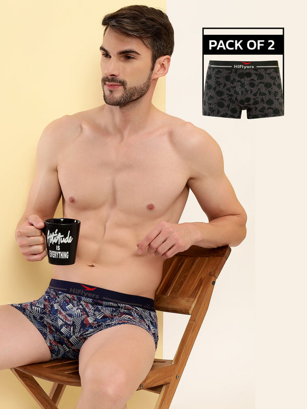 HiFlyers Men'S Odour-Free, Long Lasting Comfort, All Day Fresh And Confidence Cosmic, Kaleidoscope Collection Printed Cotton Spandex Trunk Pack Of 2 Navy-Olive