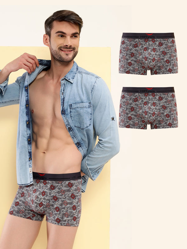 HiFlyers Men'S Odour-Free, Long Lasting Comfort, All Day Fresh And Confidence Cosmic, Kaleidoscope Collection Printed Cotton Spandex Trunk Pack Of 3 Grey
