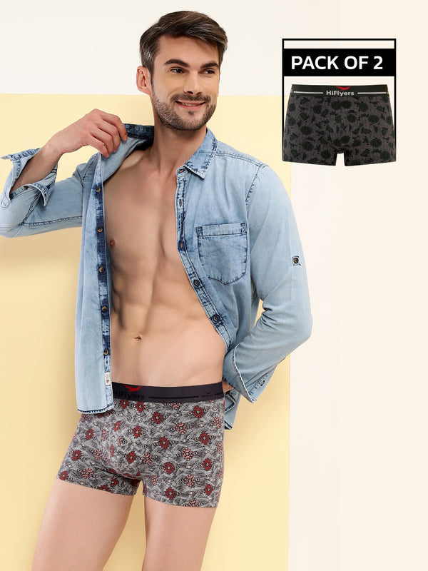 HiFlyers Men'S Odour-Free, Long Lasting Comfort, All Day Fresh And Confidence Cosmic, Kaleidoscope Collection Printed Cotton Spandex Trunk Pack Of 2 Grey-Olive