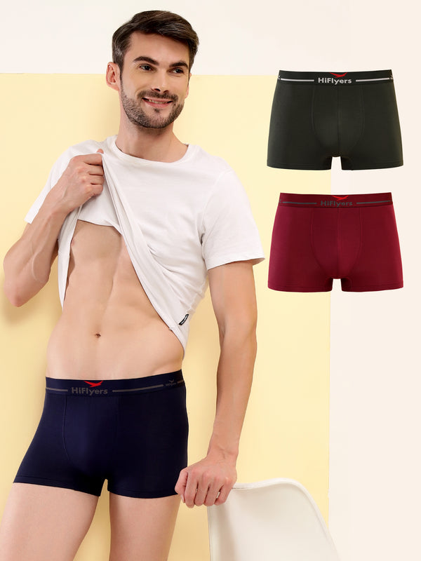 HiFlyers Men'S Silky Soft Odour Free Fabric For Luxurious All-Day Wear Dark Knight Collection Solid Micro Modal Trunk Pack Of 3 Maroon-Navy-Olive