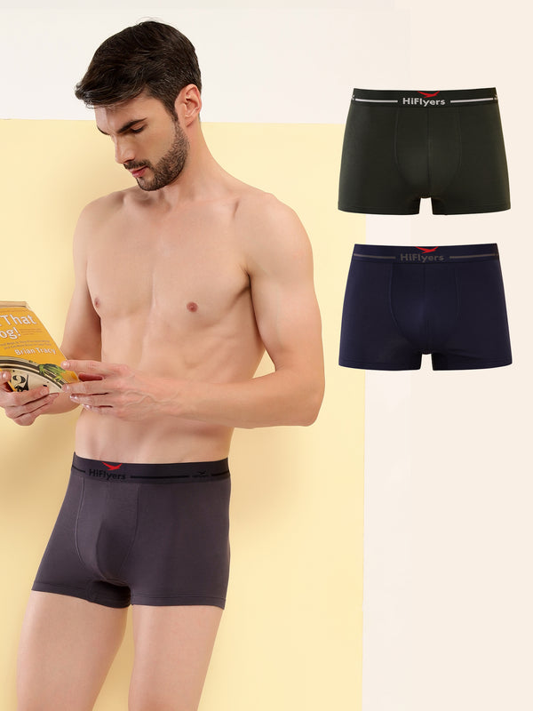 HiFlyers Men'S Silky Soft Odour Free Fabric For Luxurious All-Day Wear Dark Knight Collection Solid Micro Modal Trunk Pack Of 3 Grey-Navy-Olive
