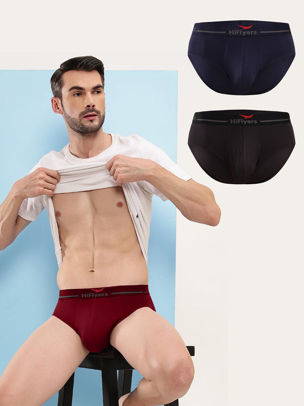 HiFlyers Men'S Silky Soft Odour Free Fabric For Luxurious All-Day Wear Dark Knight Collection Solid Micro Modal Brief Pack Of 3 Black-Maroon-Navy