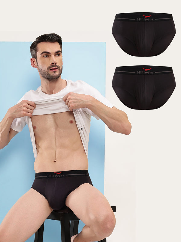 HiFlyers Men'S Silky Soft Odour Free Fabric For Luxurious All-Day Wear Dark Knight Collection Solid Micro Modal Brief Pack Of 3 Black
