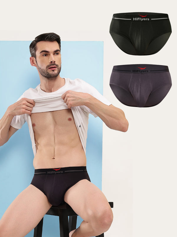 HiFlyers Men'S Silky Soft Odour Free Fabric For Luxurious All-Day Wear Dark Knight Collection Solid Micro Modal Brief Pack Of 3 Black-Grey-Olive