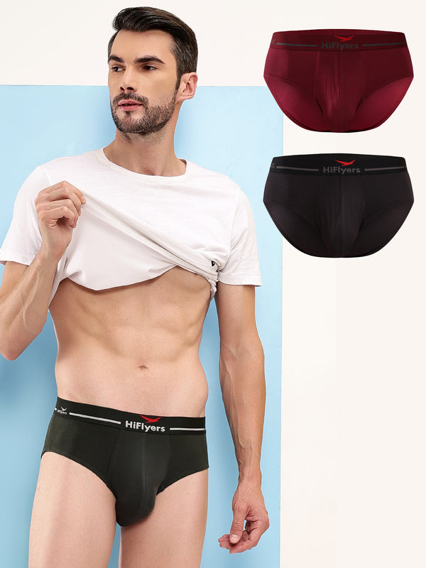 HiFlyers Men'S Silky Soft Odour Free Fabric For Luxurious All-Day Wear Dark Knight Collection Solid Micro Modal Brief Pack Of 3 Black-Maroon-Olive