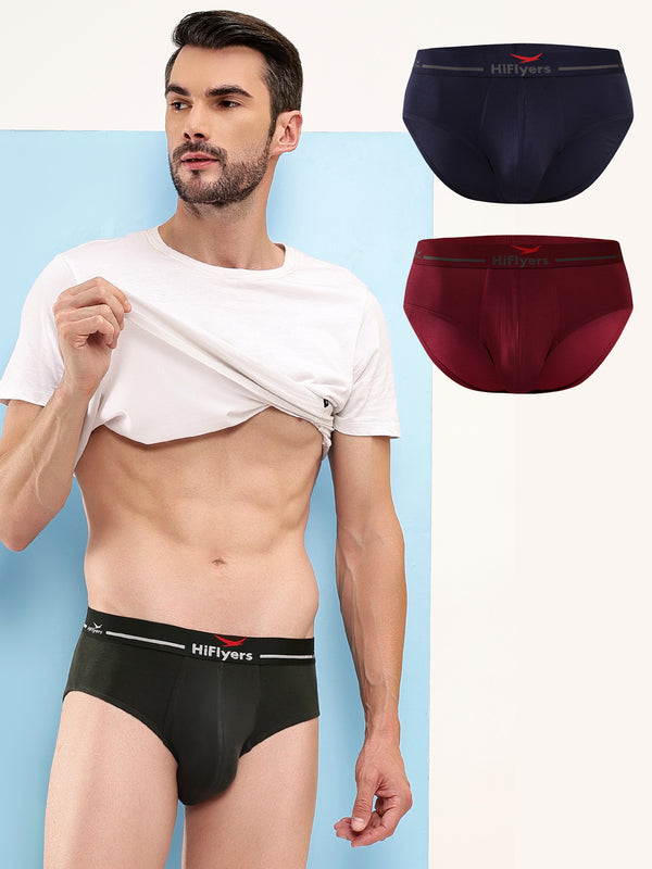 HiFlyers Men'S Silky Soft Odour Free Fabric For Luxurious All-Day Wear Dark Knight Collection Solid Micro Modal Brief Pack Of 3 Maroon-Navy-Olive