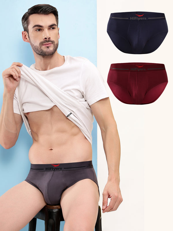HiFlyers Men'S Silky Soft Odour Free Fabric For Luxurious All-Day Wear Dark Knight Collection Solid Micro Modal Brief Pack Of 3 Grey-Maroon-Navy