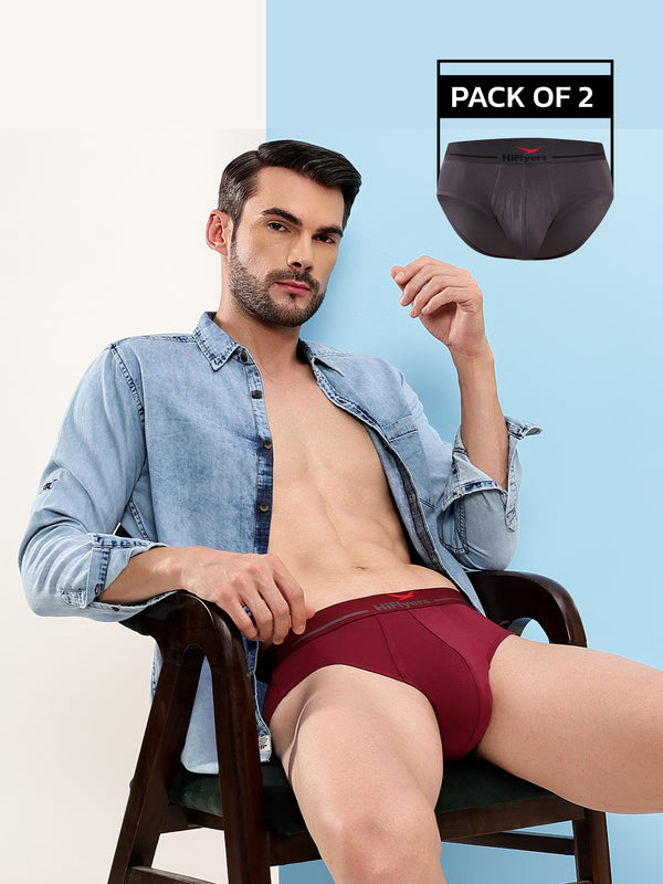 HiFlyers Men'S Silky Soft Odour Free Fabric For Luxurious All-Day Wear Dark Knight Collection Solid Micro Modal Brief Pack Of 2 Grey-Maroon