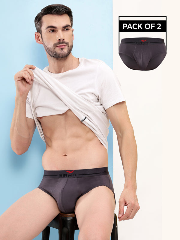 HiFlyers Men'S Silky Soft Odour Free Fabric For Luxurious All-Day Wear Dark Knight Collection Solid Micro Modal Brief Pack Of 2 Grey