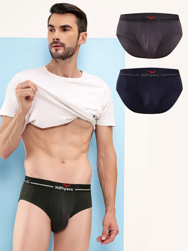 HiFlyers Men'S Silky Soft Odour Free Fabric For Luxurious All-Day Wear Dark Knight Collection Solid Micro Modal Brief Pack Of 3 Grey-Navy-Olive